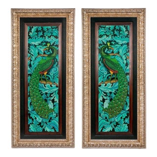 1960s Vintage Original Peacocks Painting on Board by Richard Satchell ~ Framed, Set of 2 For Sale