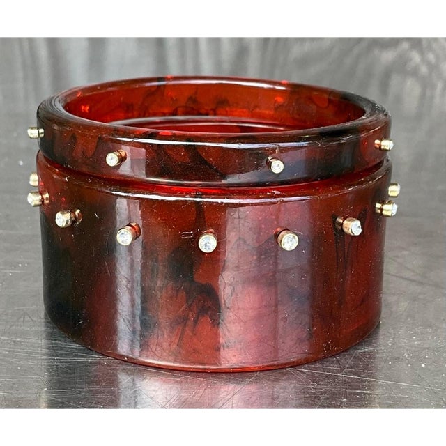Mid-Century Modern Vintage Tortoise Lucite Bangle With Rhinestones- A Set For Sale - Image 3 of 12