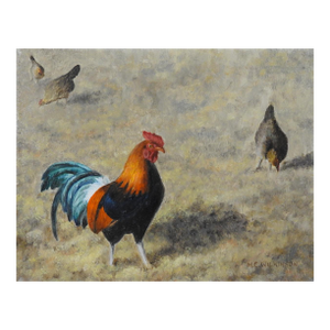 Late 20th Century Rooster and Hens Farmyard Painting