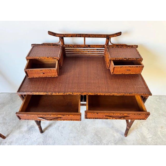 Wood Vintage British Colonial Style Faux Burnt Bamboo and Grasscloth Pagoda Desk and Chair For Sale - Image 7 of 10