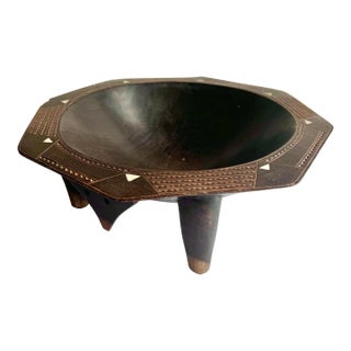 Hand-Carved Wooden Kava Bowl With Mother of Pearl Inlay | Traditional Polynesian Artifact For Sale