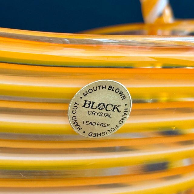 Block Crystal Vintage Art Glass Basket Bowl by Block Crystal – Orange White Striped Murano Style Hand Blown Glass Basket – Decorative Glass Centerpiece For Sale - Image 4 of 9