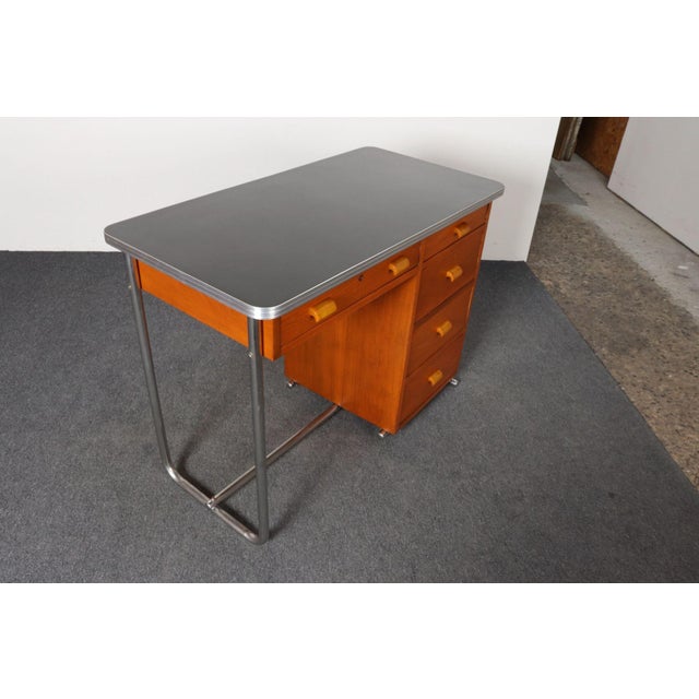 1930s Bauhaus Desk in Beech, Black Laminate, and Bakelite With Tubular Steel Base For Sale - Image 5 of 18
