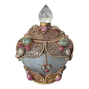 Antique Quartz Keepsake Vanity Dresser Jar With Brass Filigree & Jewel Decoration