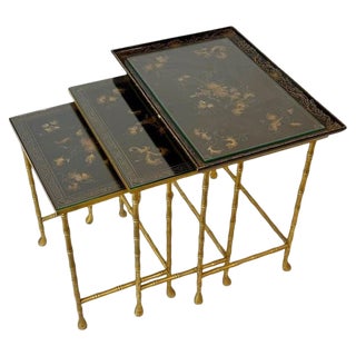 French Nesting Tables in Lacquered Wood and Brass from Maison Jansen, Set of 3 For Sale