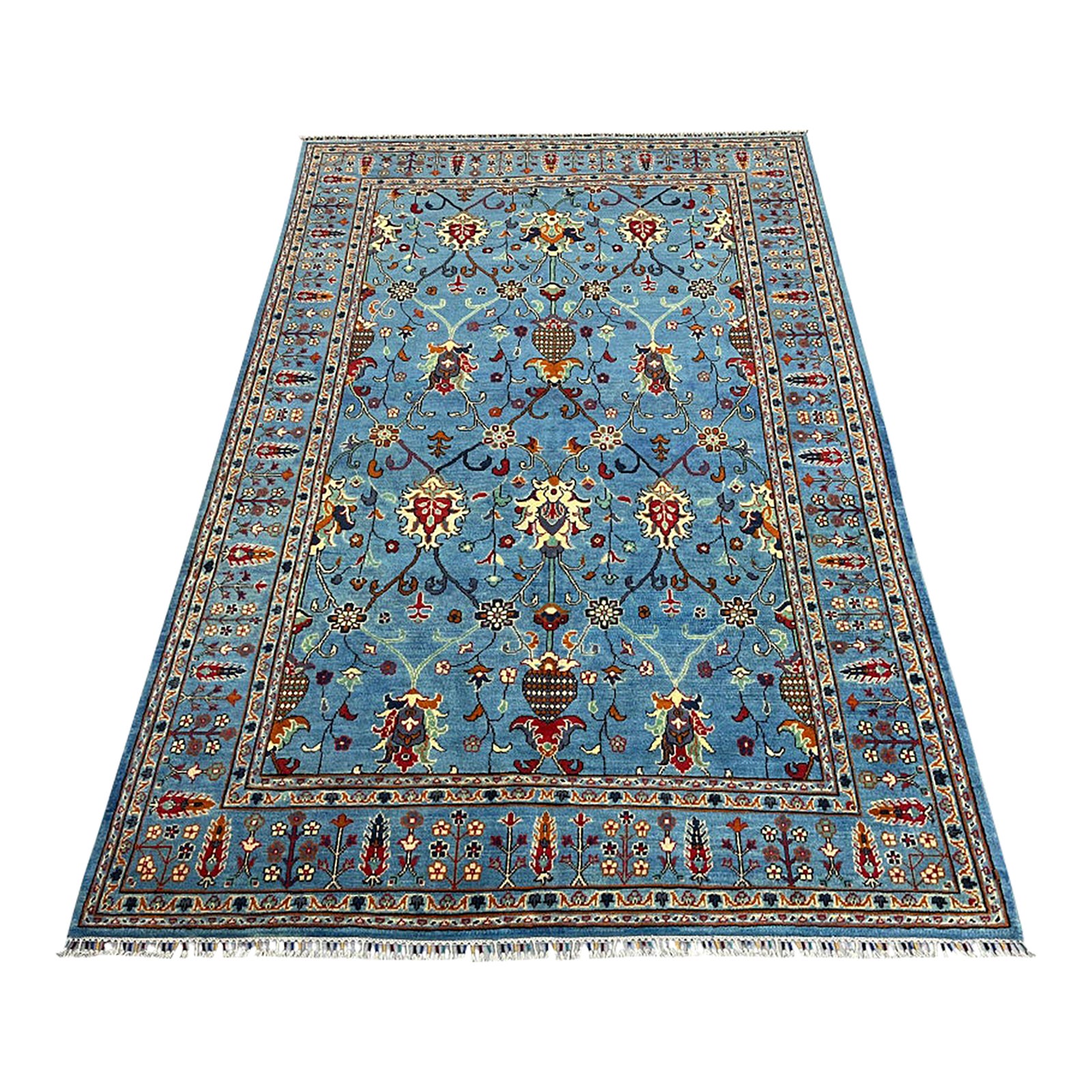 Blue Sultani Wool Area Rug With Persian Floral Design, 6'6