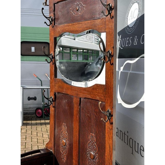 Oak Coat Stand and Bench with Mirror, 1930s For Sale - Image 3 of 9