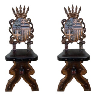 20th Century Pair of Spanish Polychromed Sgabello Carved Side Chair or Stool For Sale