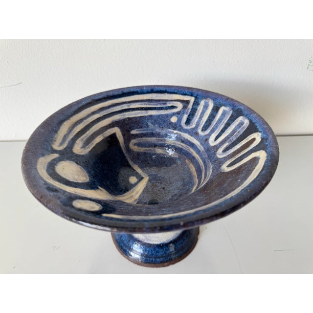 Blue 1980’s Vintage Organic Handmade and Painted Ceramic Pedestal Bowl by Mattaway For Sale - Image 8 of 12