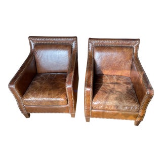 Carnegie Alcott Club Chairs with Cigar Upholstered Leather Made by Four Hands - a Pair For Sale