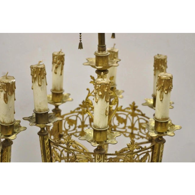Antique Gothic Revival Gold Bronze Figural Candelabra Table Lamps - A Pair For Sale - Image 4 of 11