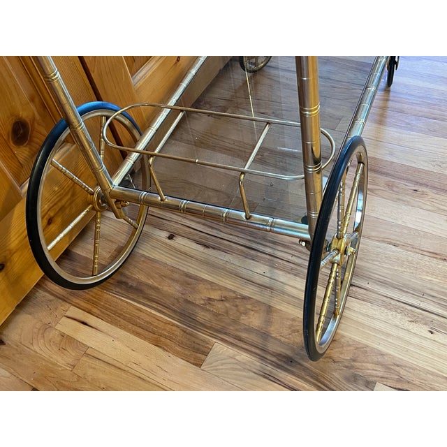 Mid Century Modern French Brass Faux Bamboo 2-Tier Bar Drink Cart Glass Shelves For Sale In Aspen - Image 6 of 11