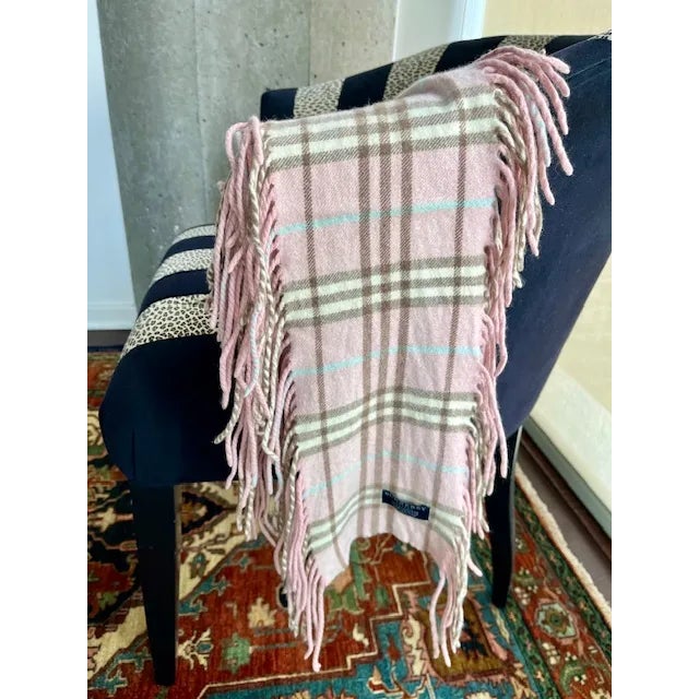 Burberry “Happy” Cashmere Scarf With Full Fringe, Made in England, 100% Cashmere, Baby Pink/Bone/Blue/Taupe For Sale - Image 11 of 11