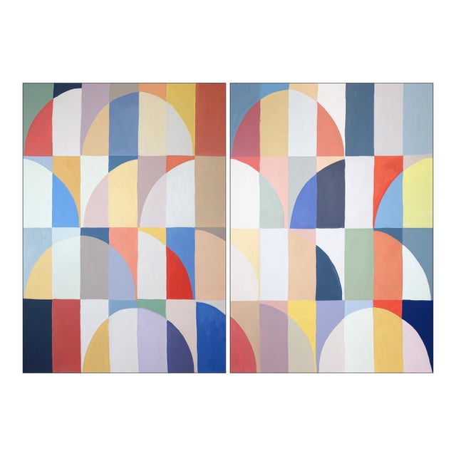 2026, Modern Bauhaus, Original Painting Diptych, Gilded Bloom, Acrylic on Watercolor Paper by Natalia Roman For Sale