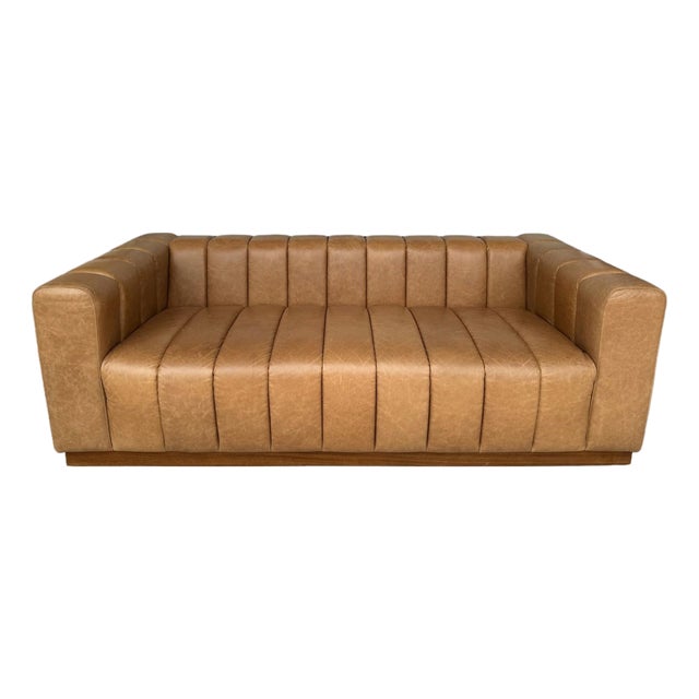 Cb2 Forte 81-Inch Channeled Saddle Leather Sofa With Walnut Base For Sale