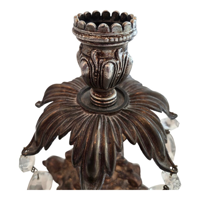 Vintage Italian Hollywood Regency Brass & Crystal Prism Candlesticks on Marble Bases - A Pair For Sale
