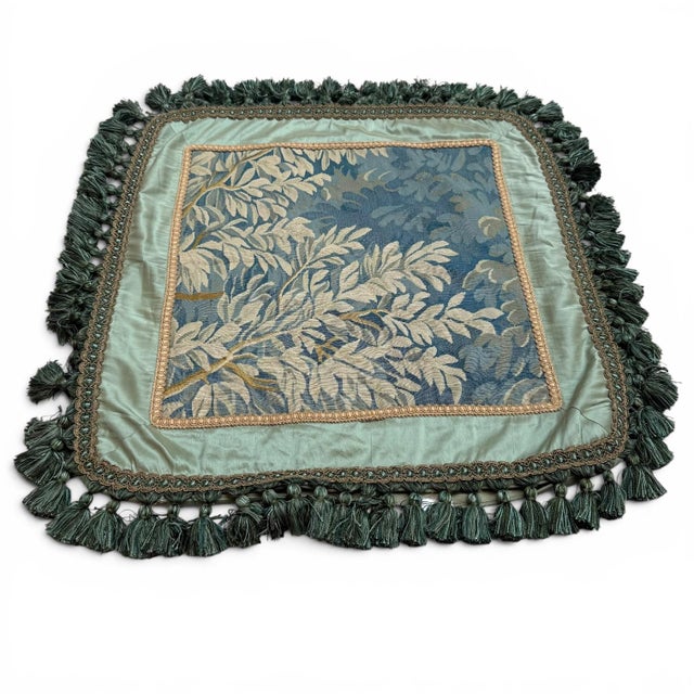 French Antique Silk Tapestry Cushion Cover With Tassel Fringe, Blue & Ivory Floral, 23"x23" For Sale - Image 3 of 5