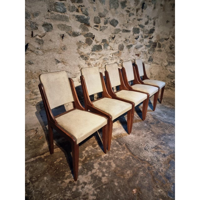 Mid-Century French Walnut Dining Chairs in Light Taupe Upholstery, 1950s, Set of 5 For Sale - Image 13 of 18