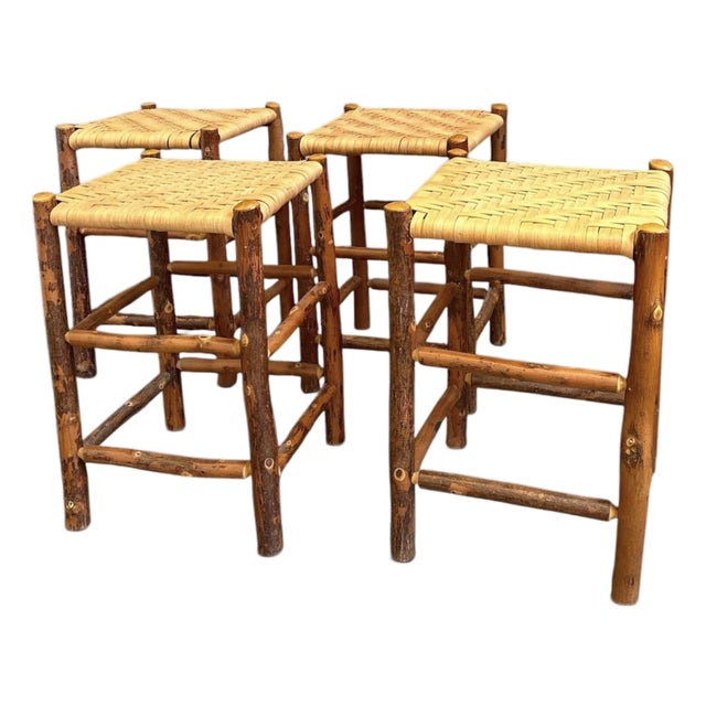 Old Hickory Rustic Counter Stools With Woven Seats — Set of 4 For Sale