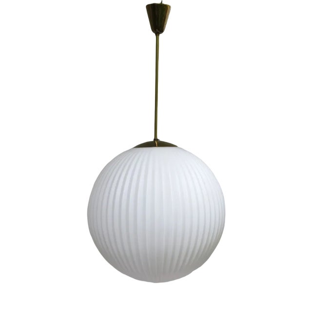 Large Brass Ceiling Lamp with Pleated Ball, 1950s For Sale