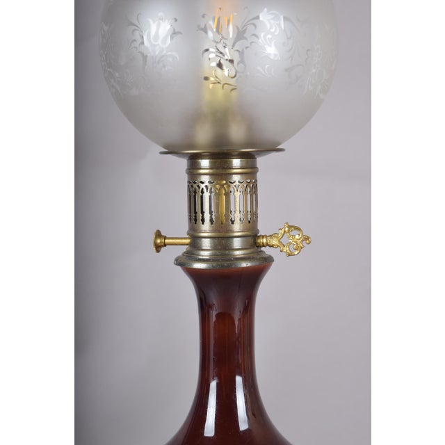 Amber-Brown Glass and Brass Table Lamp with Etched Glass Globe, 1950s For Sale - Image 10 of 18