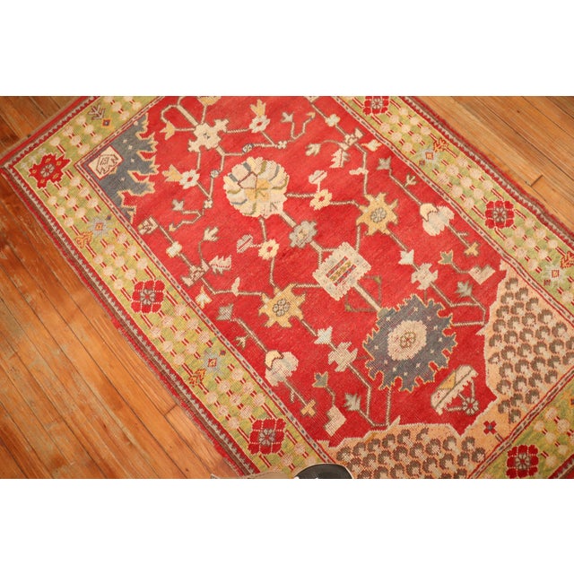 Contemporary Bright Red Green Turkish Oushak Accent Size Rug For Sale - Image 3 of 6