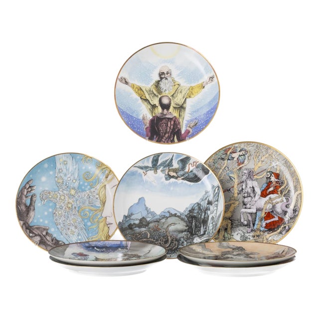 Divine Comedy Plates in Porcelain by Lima De Freitas, 1980s, Set of 8 For Sale