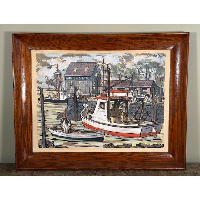 Wood Vintage 1960's John Day "Wickford Shipyard" Rhode Island Harbor Scene Painting For Sale - Image 7 of 8