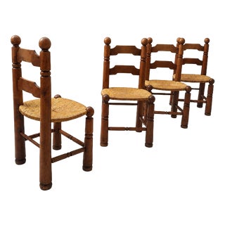 French Oak and Rush Dining Chairs attributed to Charles Dudouyt, 1940s, Set of 4 For Sale