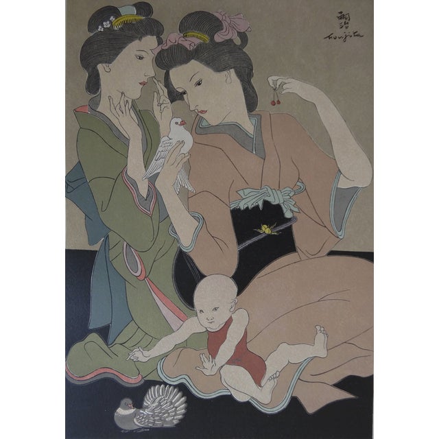 Tsuguharu Foujita, Geishas with a Dove, Woodcut For Sale
