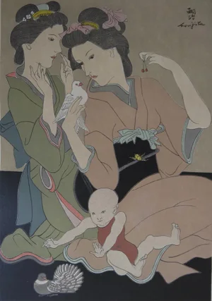 Tsuguharu Foujita, Geishas with a Dove, Woodcut