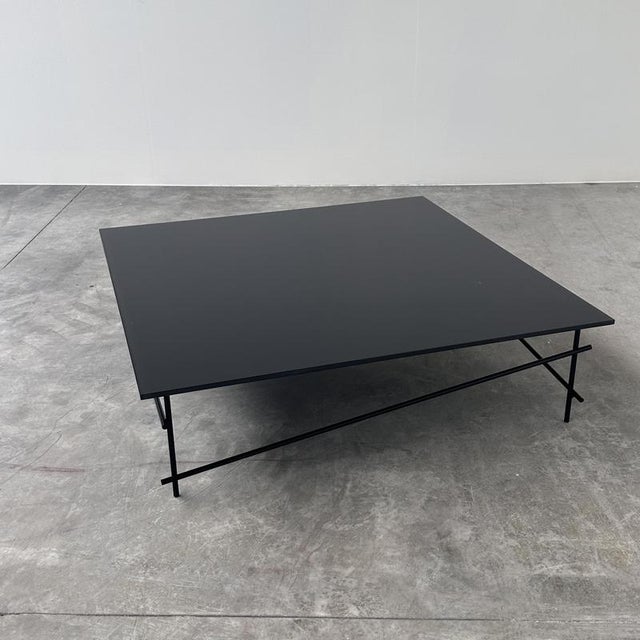 Minimalist Black Glass Coffee Table with Industrial Metal Base For Sale - Image 4 of 11