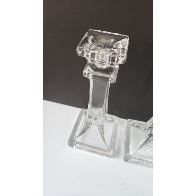 1940s Pair of Mid-Century Art Deco Style Pressed Glass Candlesticks, 7.25” For Sale - Image 4 of 13