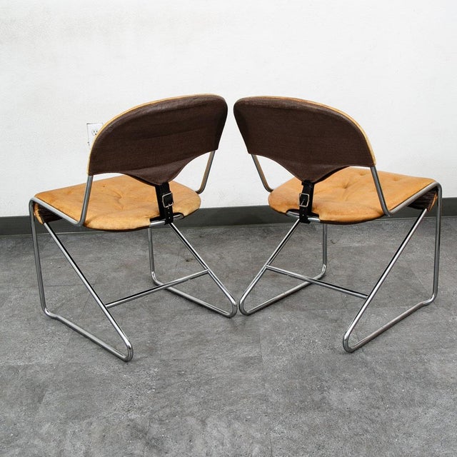 1960s 1960s Mid Century Danish Modern Dining Chairs Set 5 Tan Leather Attributed to Sam Larsson Dux Metal For Sale - Image 5 of 12