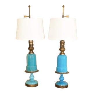 1950s Paul Hanson French Blue Opaline Glass Lamp Pair For Sale