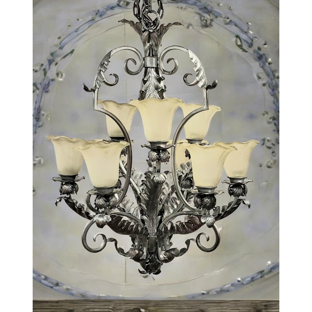 Mid 20th Century French Art Deco 9-Light Hand-Forged Wrought Iron Acanthus Chandelier For Sale - Image 11 of 18