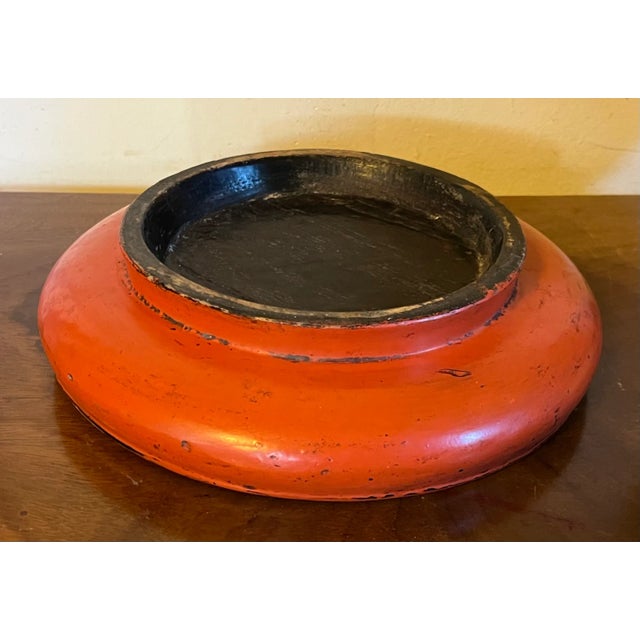 Scarlet Antique 19th Century Chinese Scarlet Red Lacquer Carved Wood Footed Round Plateau Tray or Low Bowl For Sale - Image 8 of 9