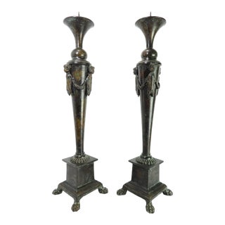 Large Neoclassical Maitland Smith Verdigris Bronze Candle Holder Pillars - a Pair For Sale