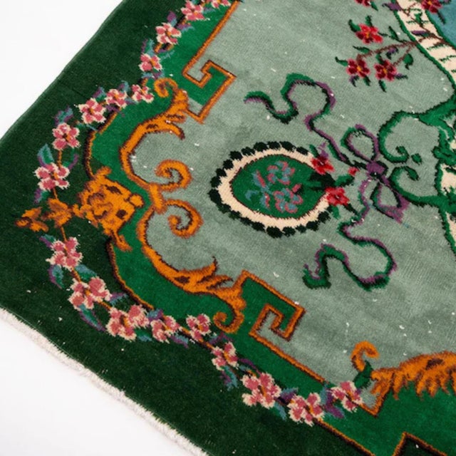 Vintage 1960s Turkish Sparta Savonnerie Rug, Teal Blue & Emerald Green With Roses – 6'8" X 9'9" For Sale - Image 9 of 12