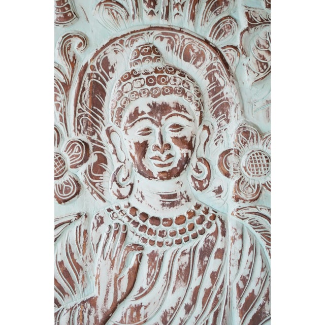 Buddha Wall Art Reclaimed Wood Bluewash Vitarka – Hand-Carved Yoga Decor 83x36 For Sale - Image 4 of 4