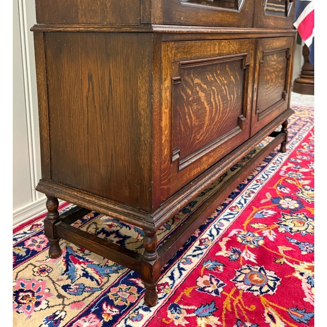 Antique English Jacobean Bookcase Cabinet Double Door Wavy Glass Tiger Oak 1930s For Sale - Image 11 of 18