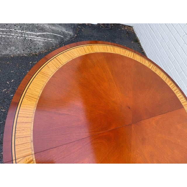 Brown Baker Furniture Regency Style RoundBanded Mahogany Pedestal Extension Dining Room Table With 2 Leaves For Sale - Image 8 of 11