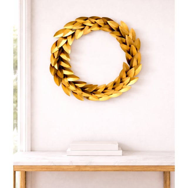 Modern Gold Metal Laurel Leaf Round Wreath Wall Décor Christmas Décor For Sale - Image 3 of 8