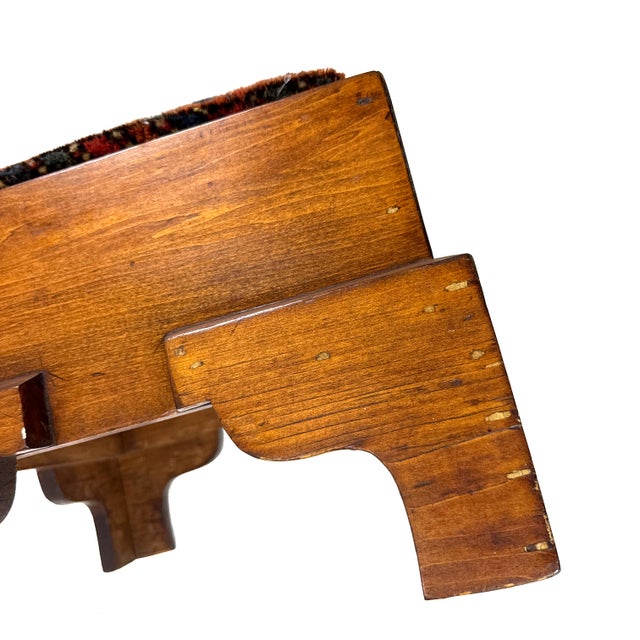 Antique 1920s Handmade Oak Wood Spanish Colonial Revival Arts & Crafts Footstool W/ Hand-Knotted Rug Seat For Sale - Image 14 of 17