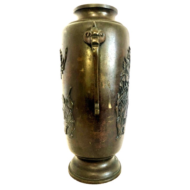 Japanese Meiji Era Patinated Bronze Vase With Peonies and a Child For Sale - Image 10 of 15