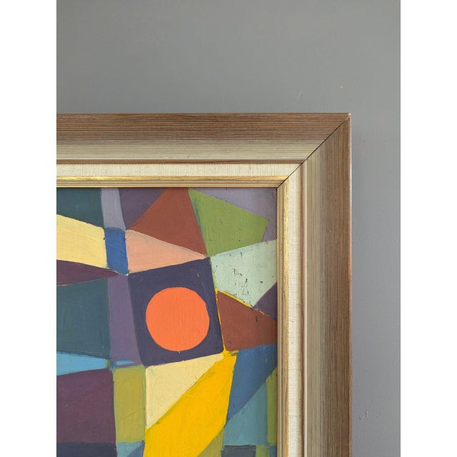 Yellow Mid-Century Modern 'Modernist Mosaic' Vintage Original Swedish Geometric Abstract Oil Painting, Framed For Sale - Image 8 of 9