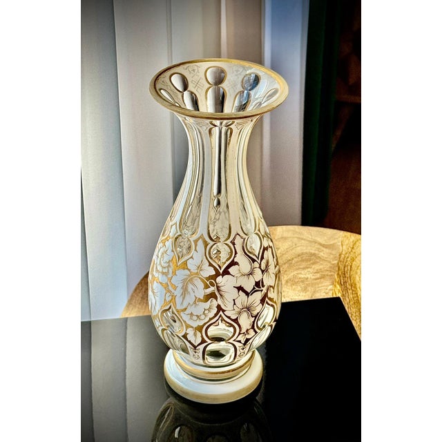 Antique Bohemian White Overlay Gilded Glass Vase, 1800s For Sale - Image 13 of 18