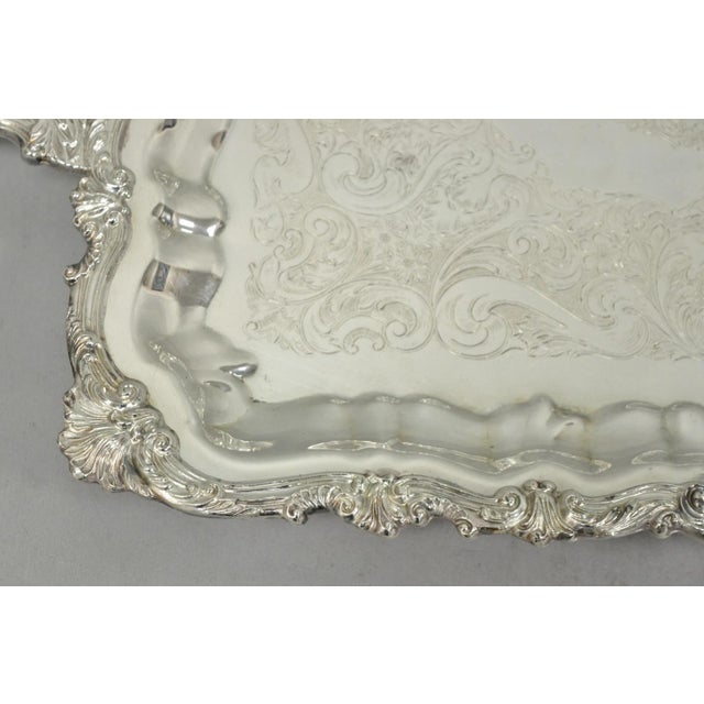Metal Vintage Sheridan English Victorian Silver Plated Footed Serving Platter Bar Tray For Sale - Image 7 of 14