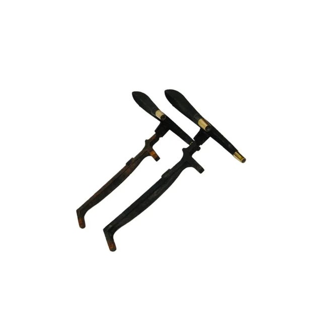 1950s Vintage 50s Mid Century Modern Art Deco Donald Deskey Wrought Iron & Brass Fireplace Andirons For Sale - Image 5 of 11
