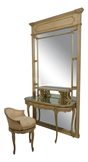 Vintage Dressing Vanity W. Large Mirror & Stool